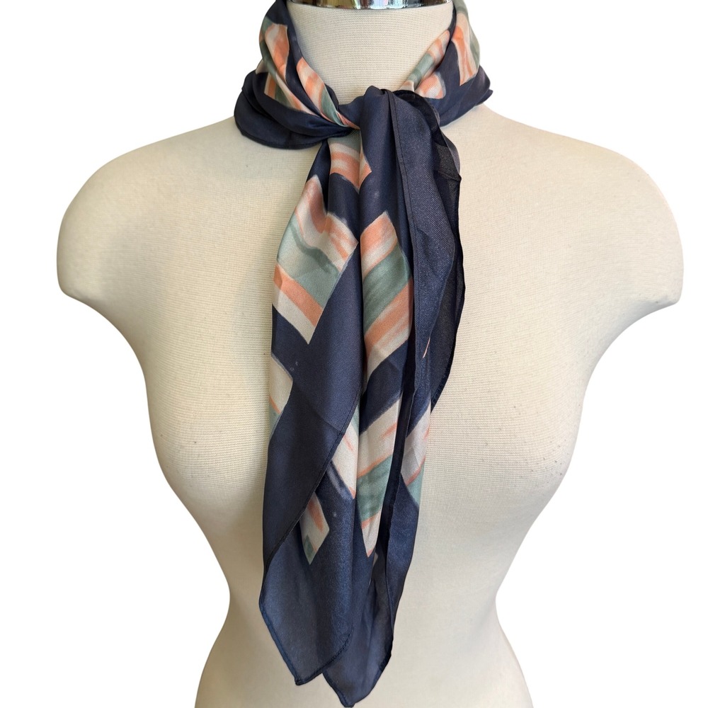 Ann Taylor Factory Navy Blue Geometric Stripe Square Silk Feel Scarf 24.5in